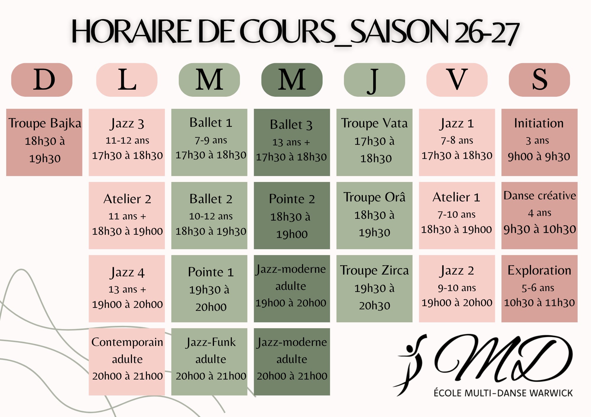 Horaire des cours - saison 2026-2027